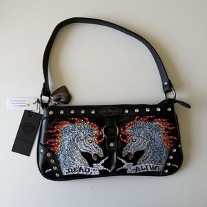 Ed Hardy Womens Shoulder Purse Bag Horses Tattoo Dead Alive Studs Black NWT Y2K